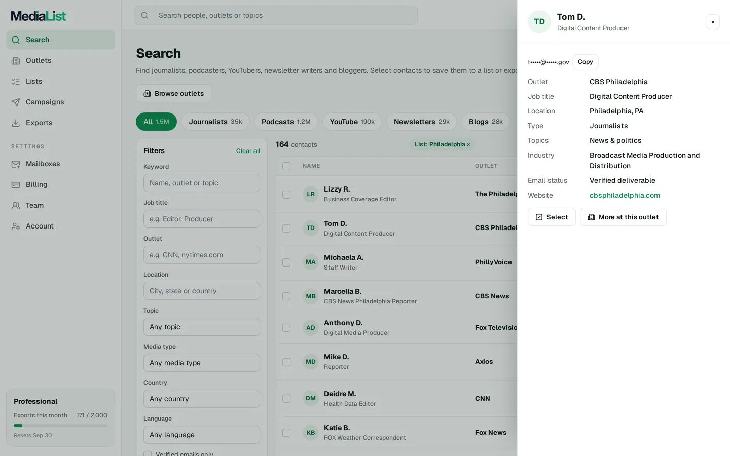 A contact opened in Media List, showing details and an unlocked email