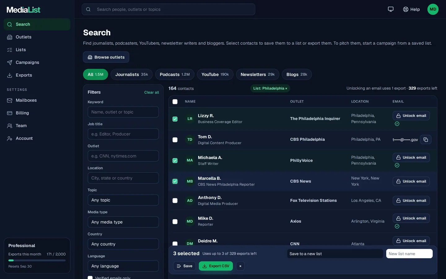 Media List search results with filters, showing contacts and verified emails