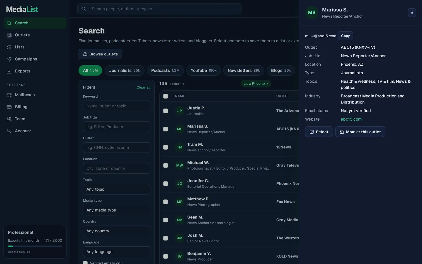 A contact opened in Media List, showing details and an unlocked email