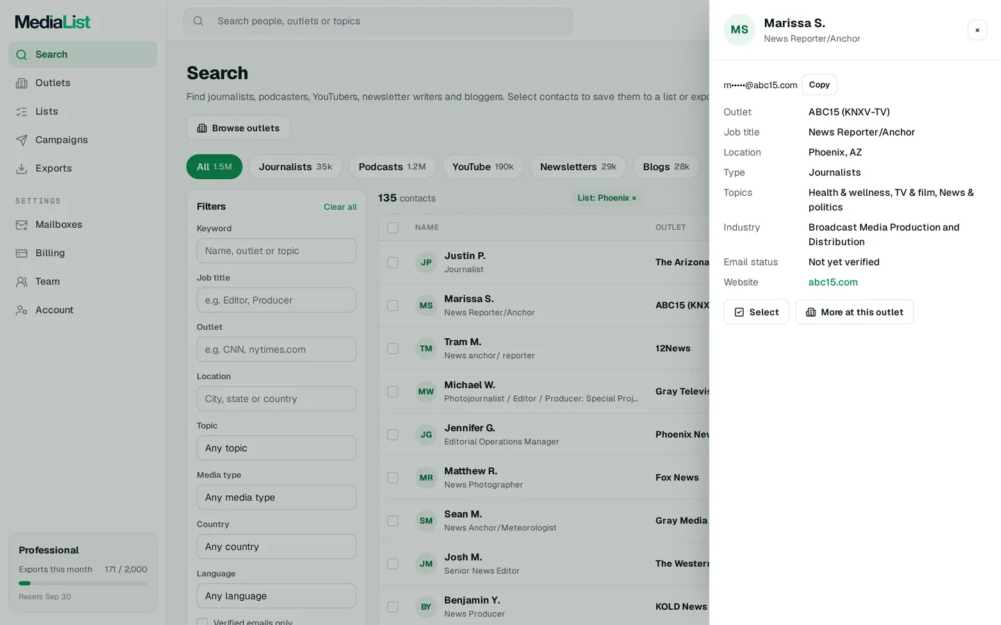 A contact opened in Media List, showing details and an unlocked email