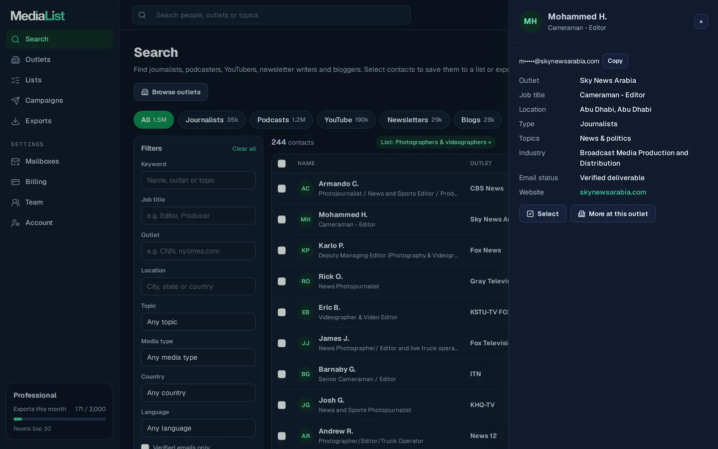 A contact opened in Media List, showing details and an unlocked email