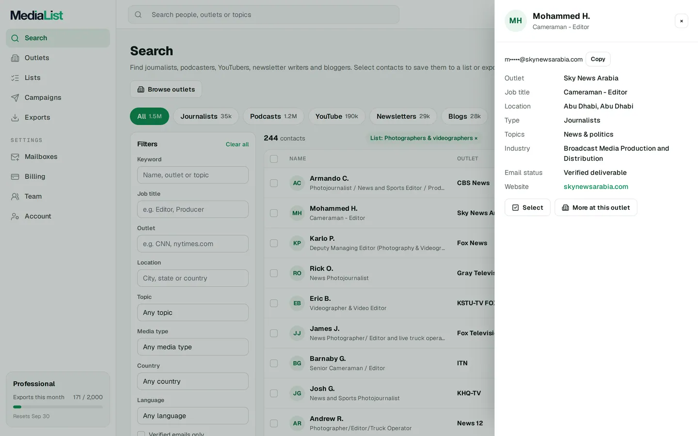 A contact opened in Media List, showing details and an unlocked email