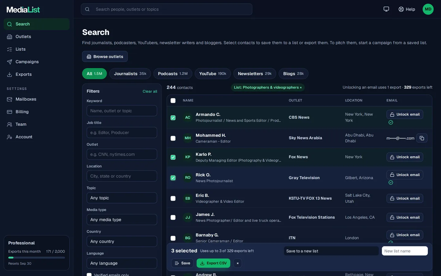 Media List search results with filters, showing contacts and verified emails