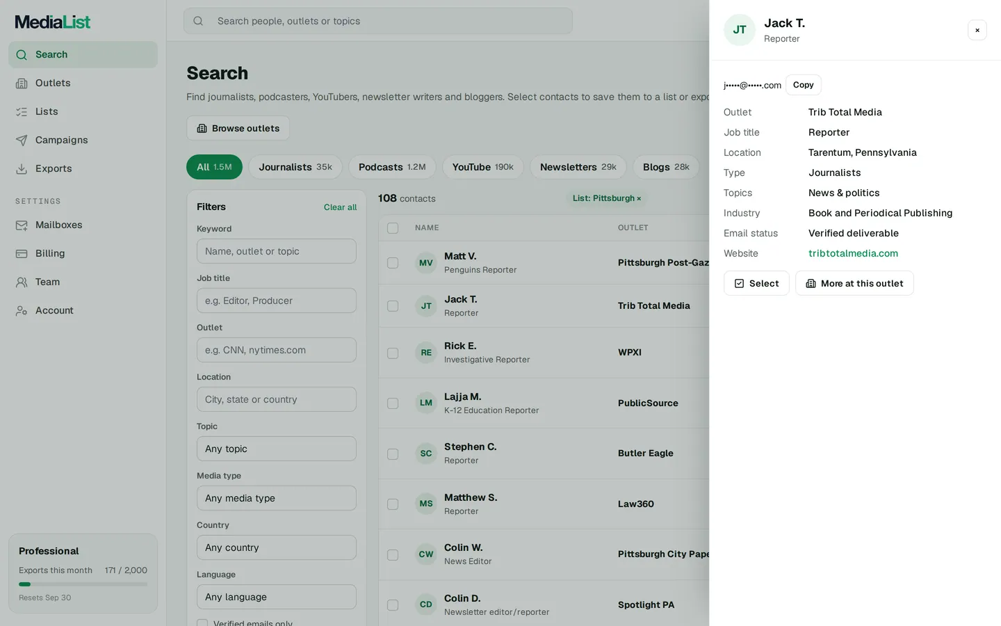 A contact opened in Media List, showing details and an unlocked email