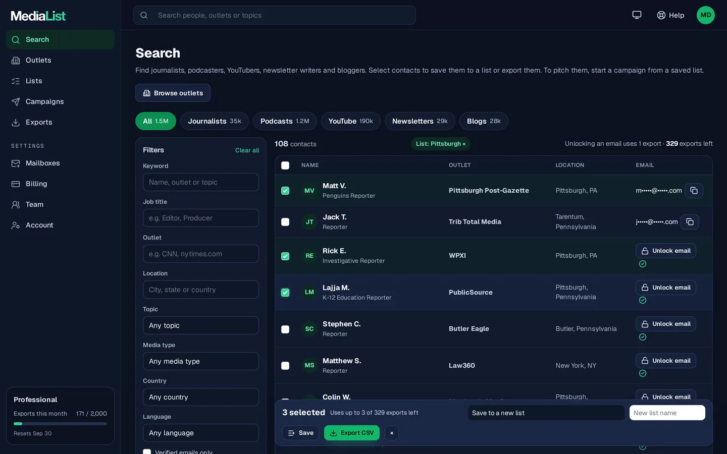 Media List search results with filters, showing contacts and verified emails