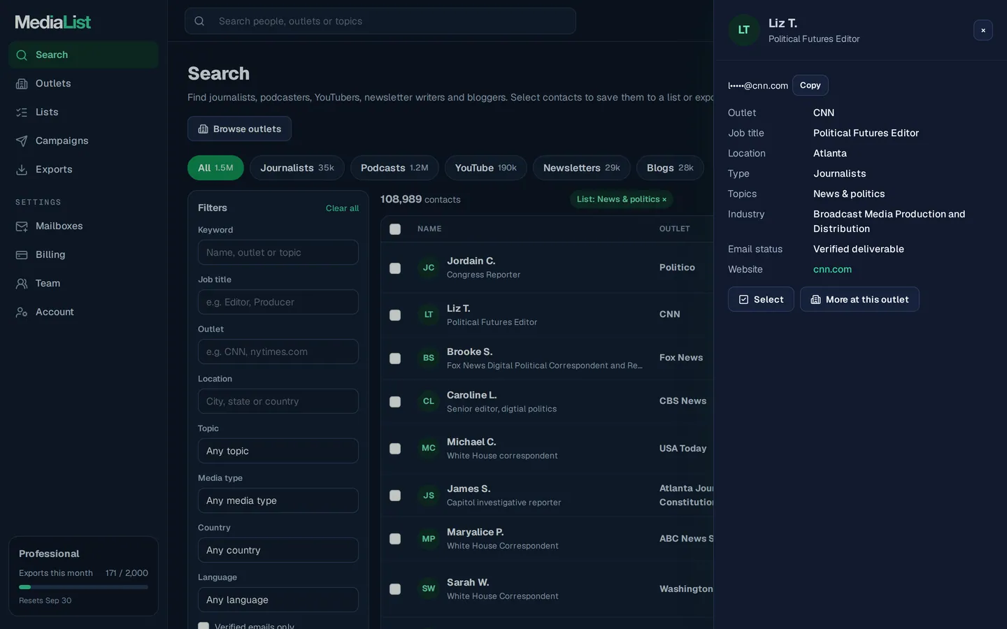 A contact opened in Media List, showing details and an unlocked email