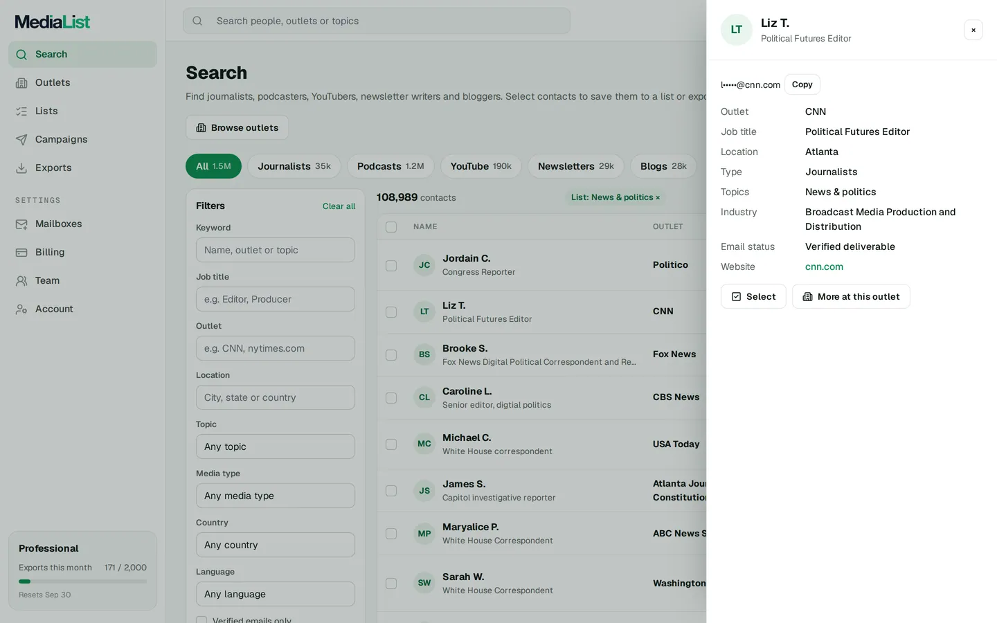 A contact opened in Media List, showing details and an unlocked email