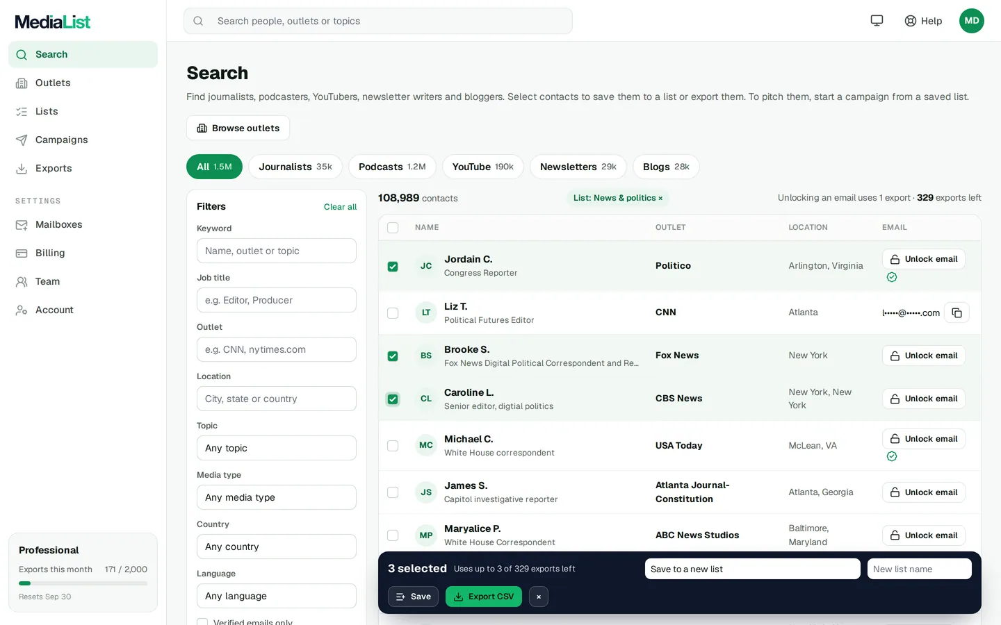 Media List search results with filters, showing contacts and verified emails