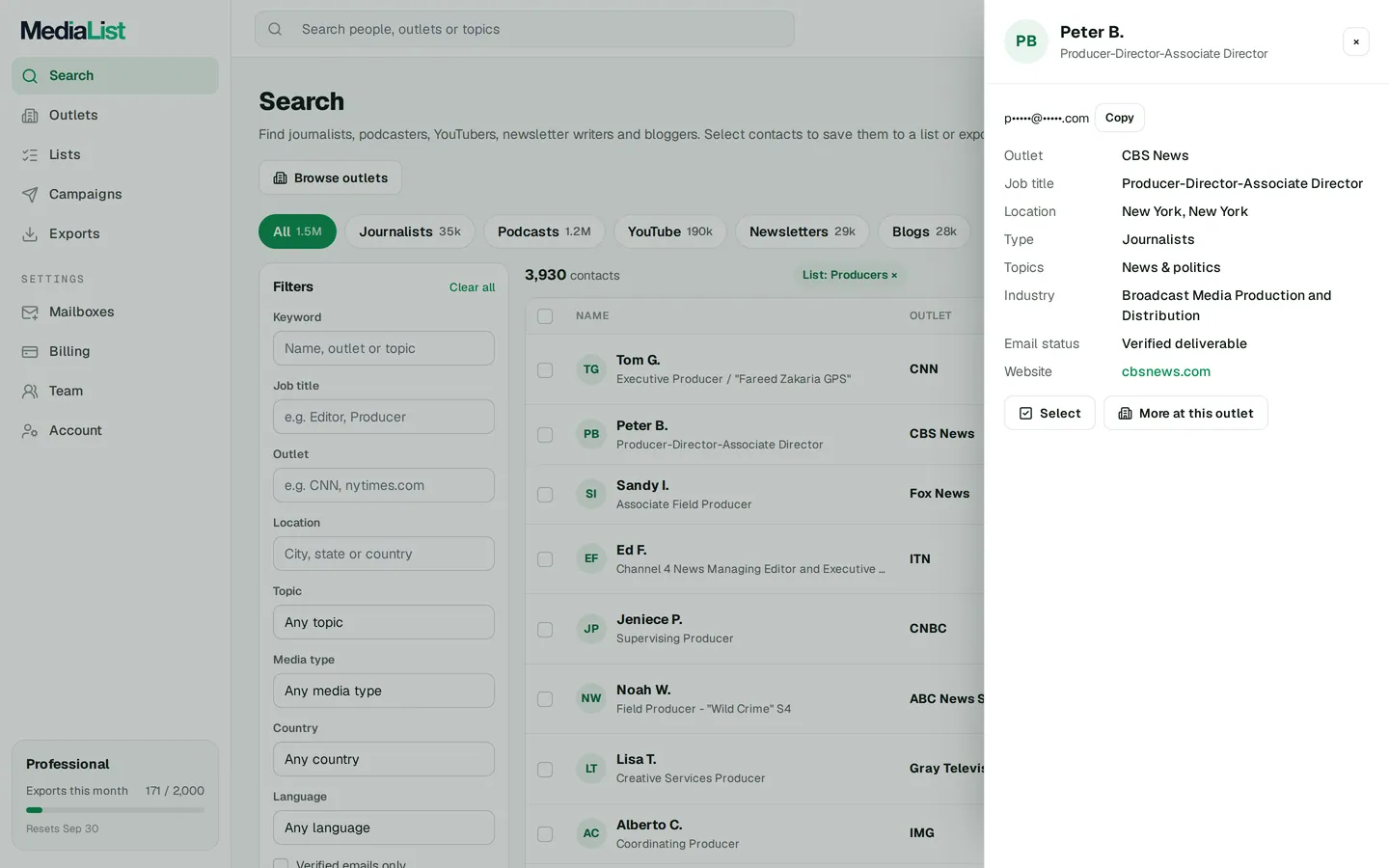 A contact opened in Media List, showing details and an unlocked email