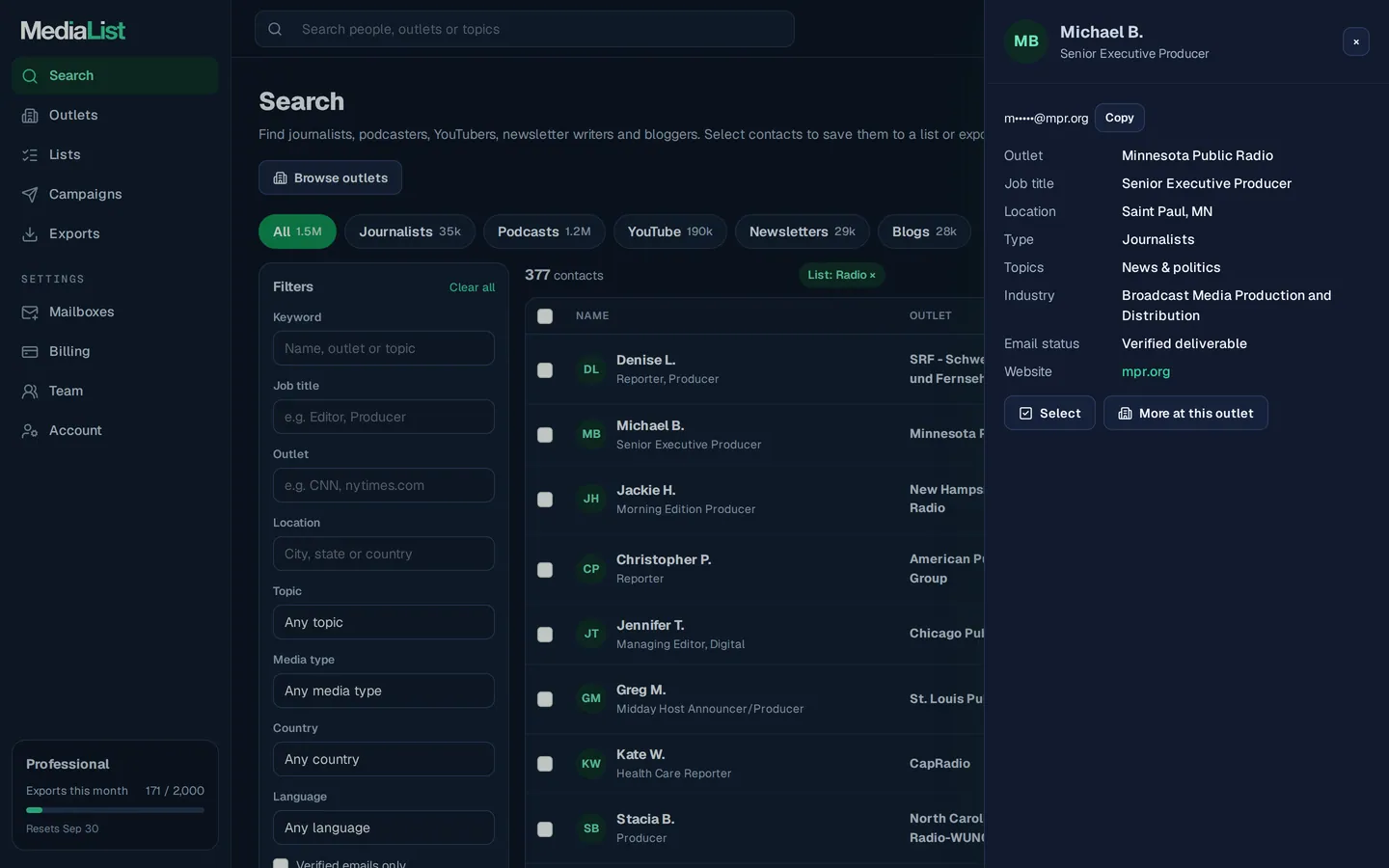 A contact opened in Media List, showing details and an unlocked email