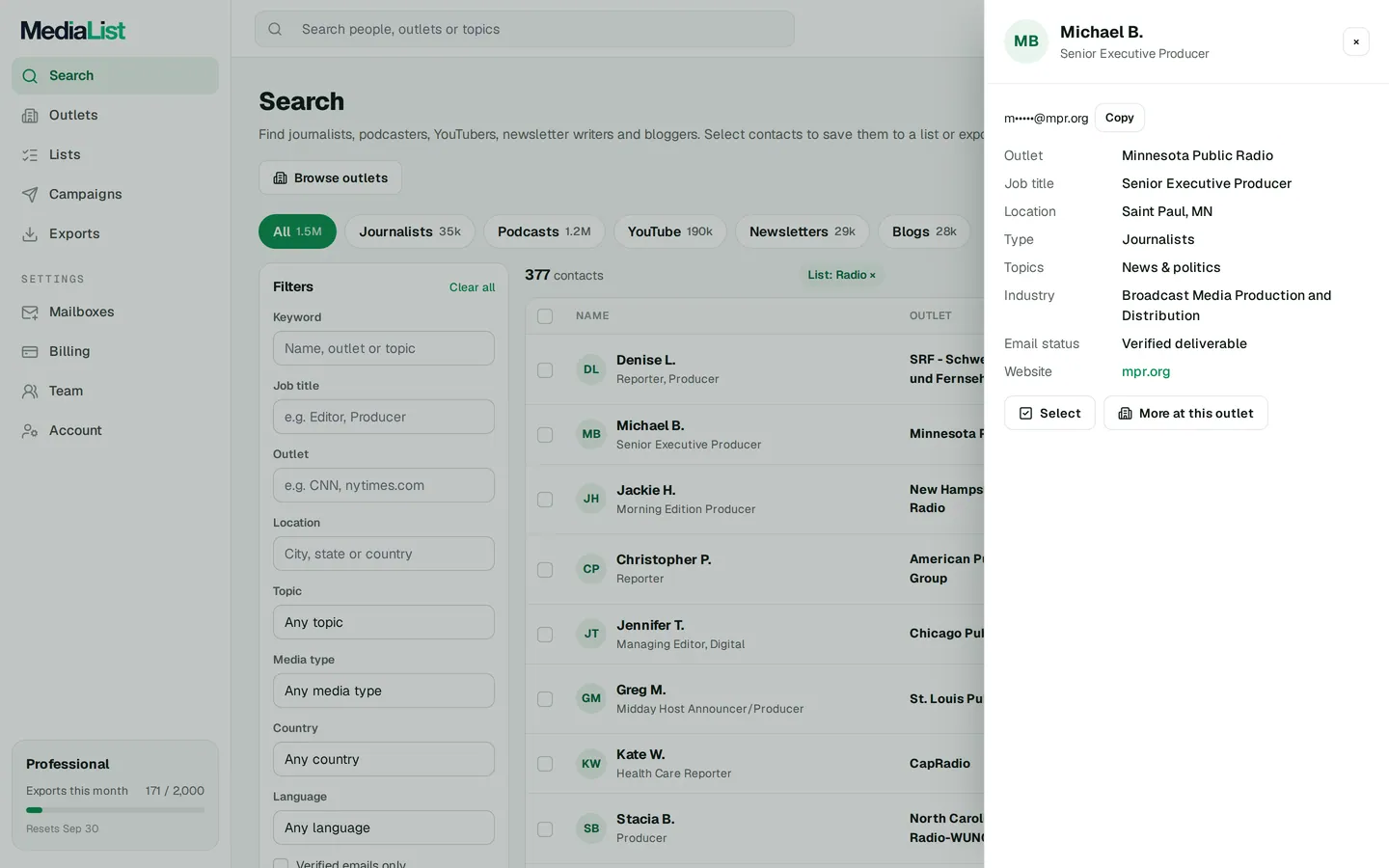 A contact opened in Media List, showing details and an unlocked email