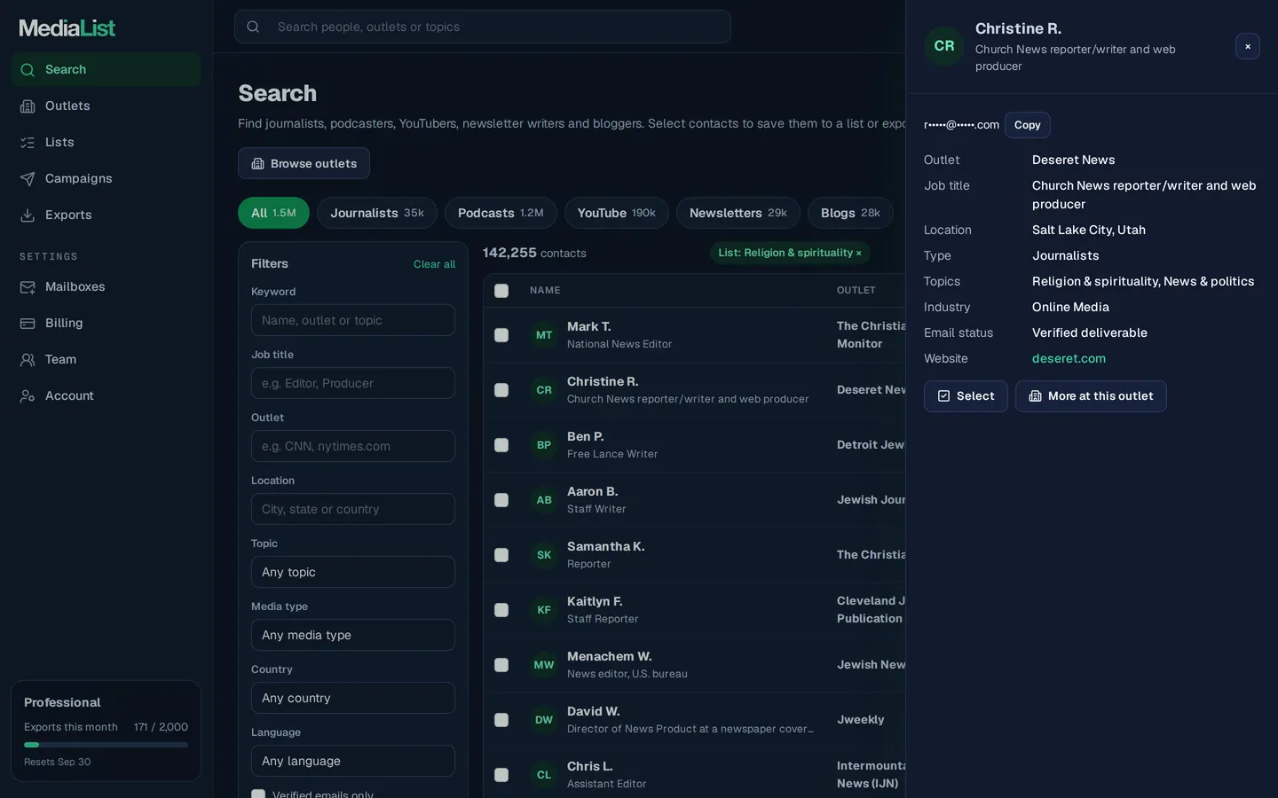 A contact opened in Media List, showing details and an unlocked email