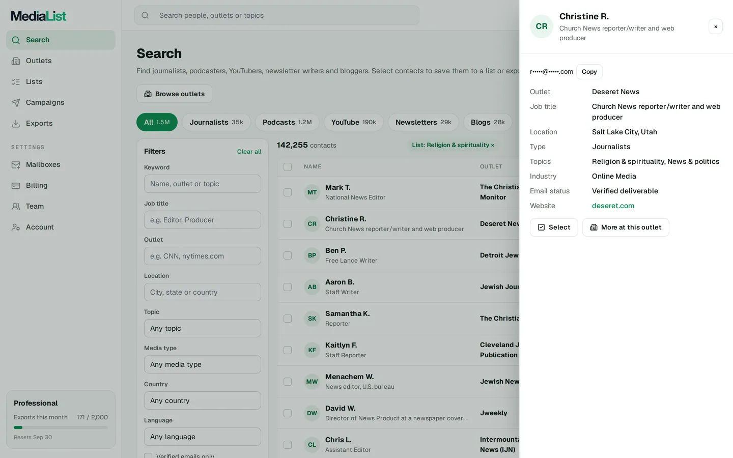 A contact opened in Media List, showing details and an unlocked email