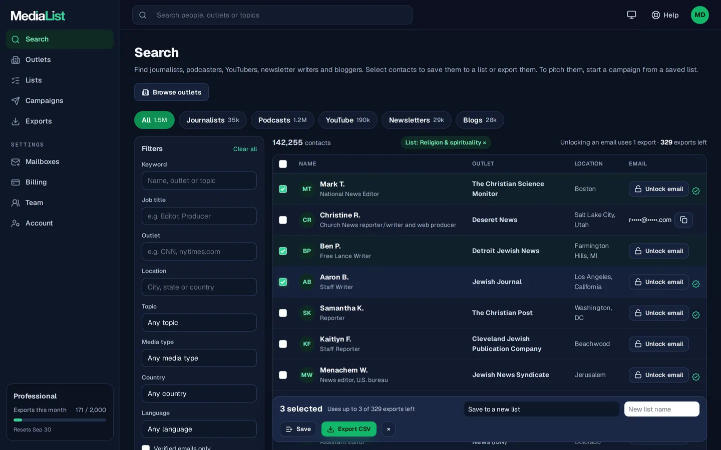 Media List search results with filters, showing contacts and verified emails
