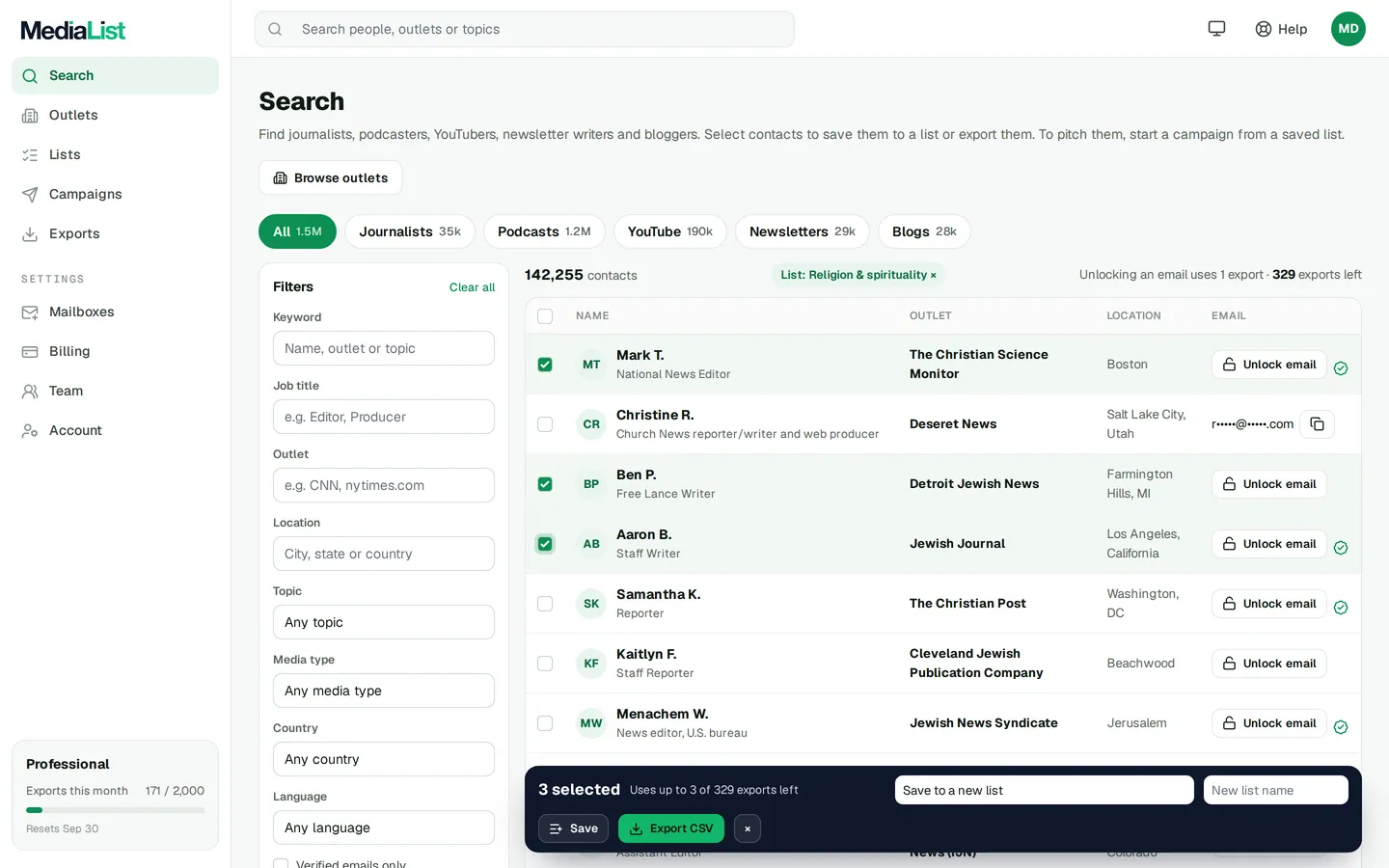 Media List search results with filters, showing contacts and verified emails