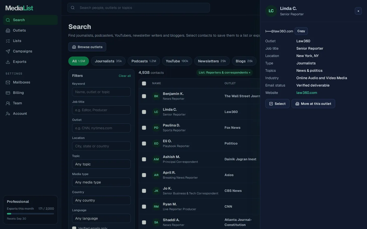 A contact opened in Media List, showing details and an unlocked email