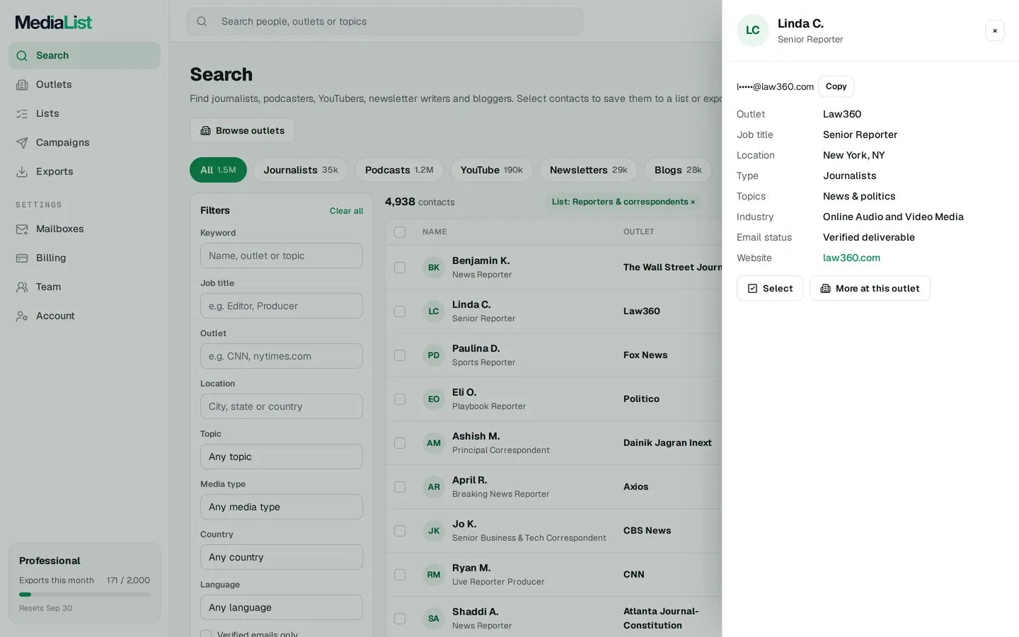 A contact opened in Media List, showing details and an unlocked email
