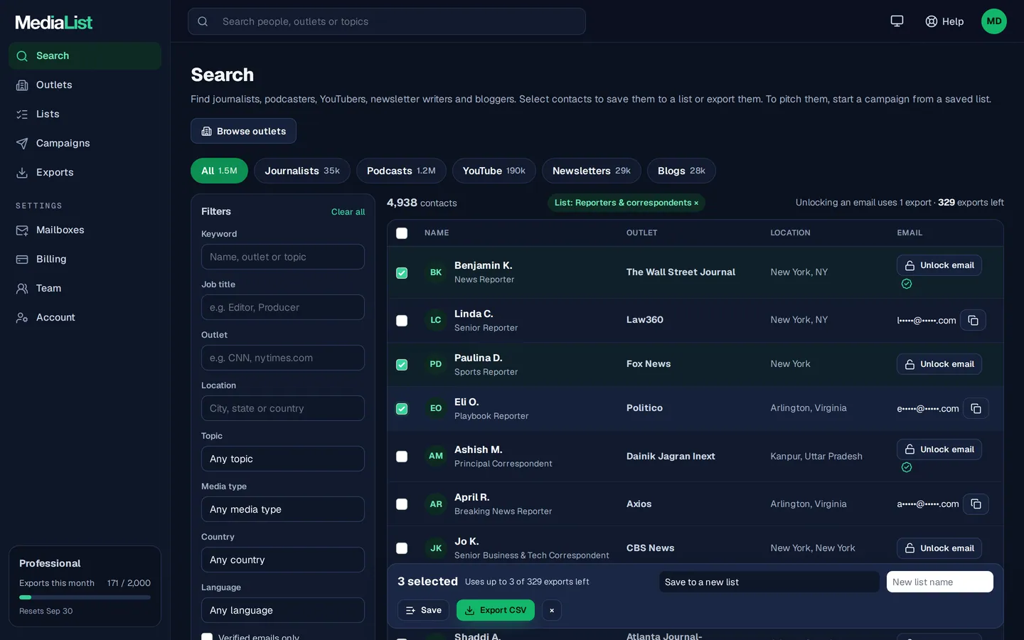 Media List search results with filters, showing contacts and verified emails