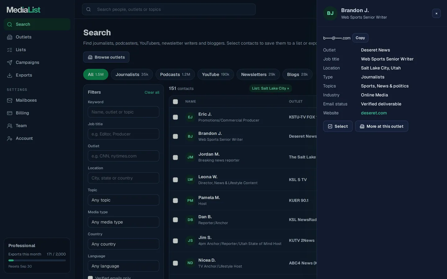 A contact opened in Media List, showing details and an unlocked email