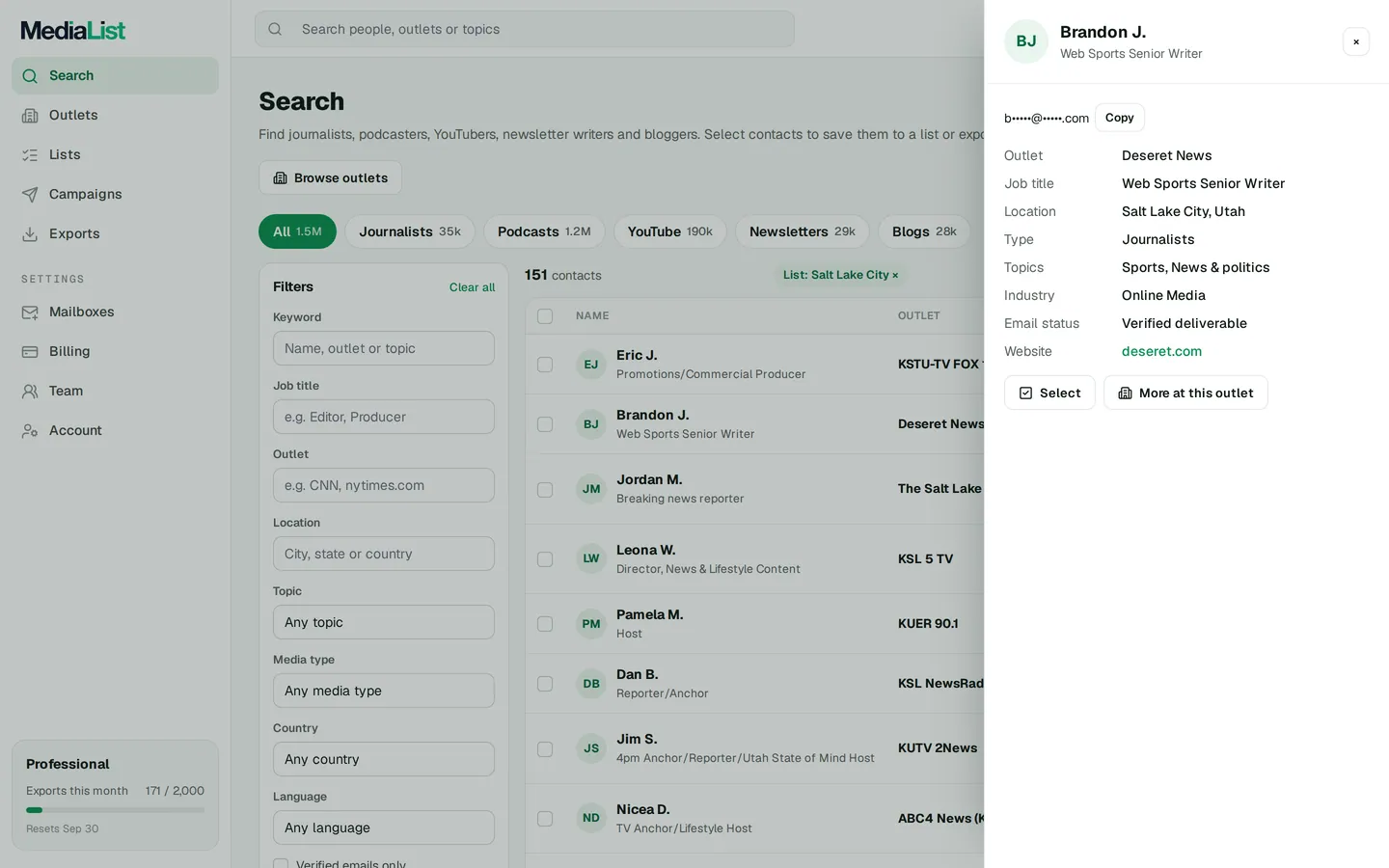 A contact opened in Media List, showing details and an unlocked email