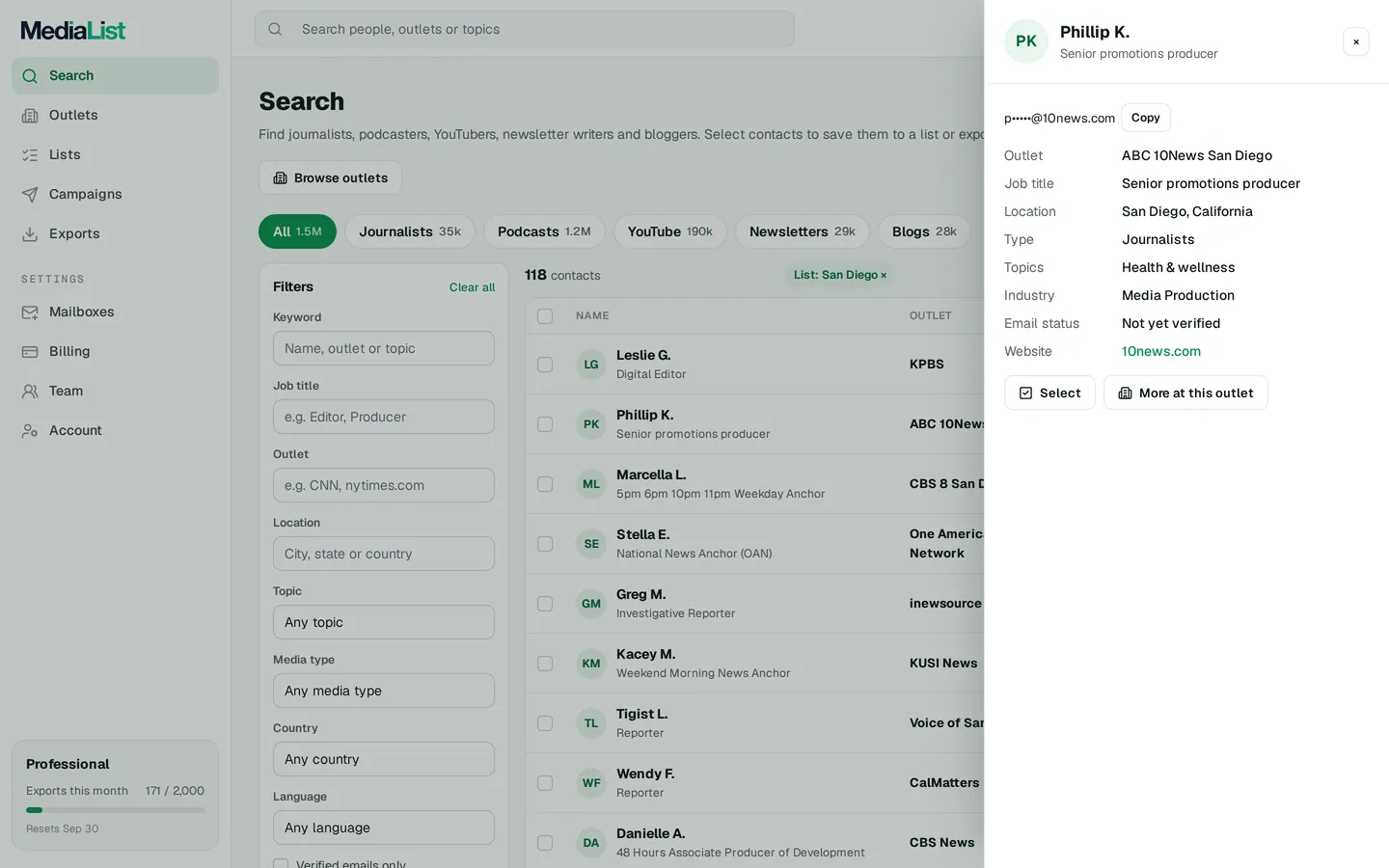 A contact opened in Media List, showing details and an unlocked email