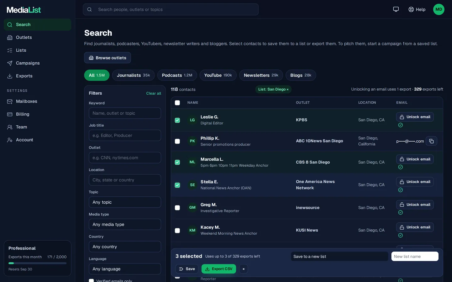 Media List search results with filters, showing contacts and verified emails