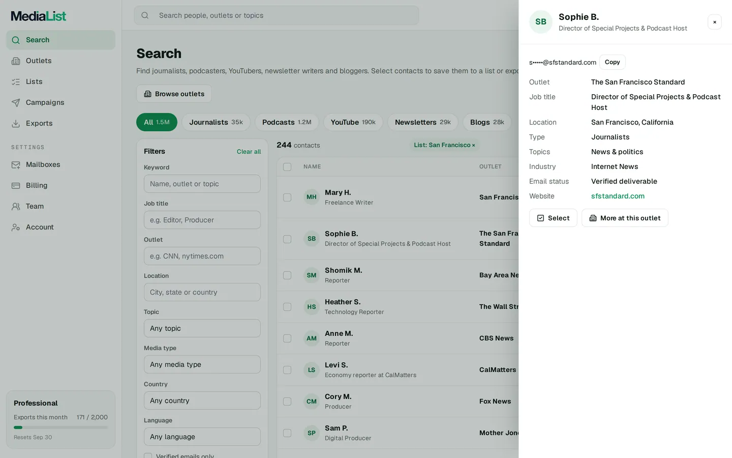 A contact opened in Media List, showing details and an unlocked email