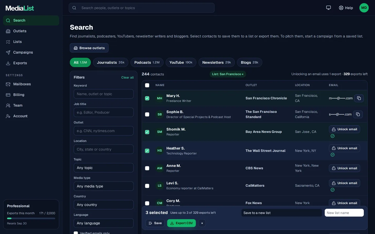Media List search results with filters, showing contacts and verified emails