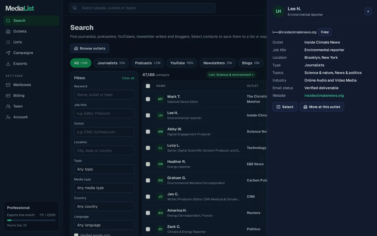 A contact opened in Media List, showing details and an unlocked email