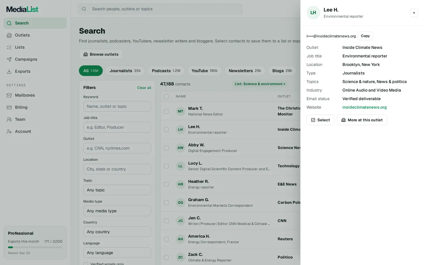 A contact opened in Media List, showing details and an unlocked email
