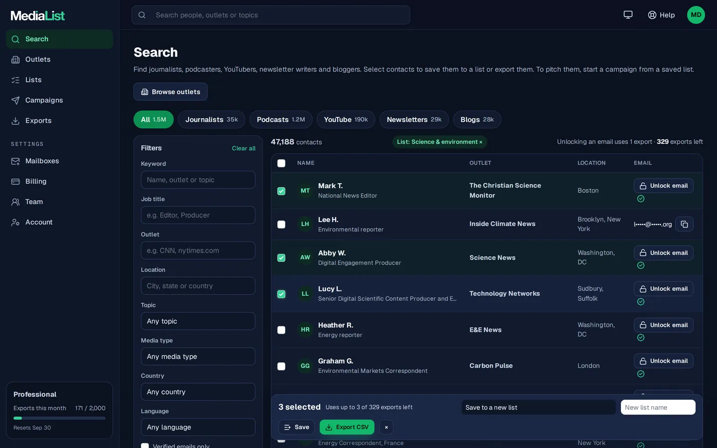 Media List search results with filters, showing contacts and verified emails