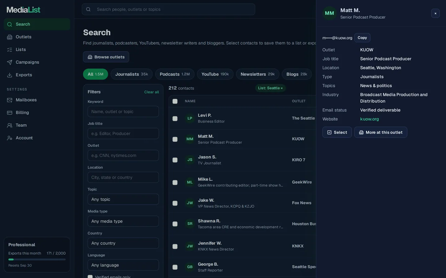 A contact opened in Media List, showing details and an unlocked email