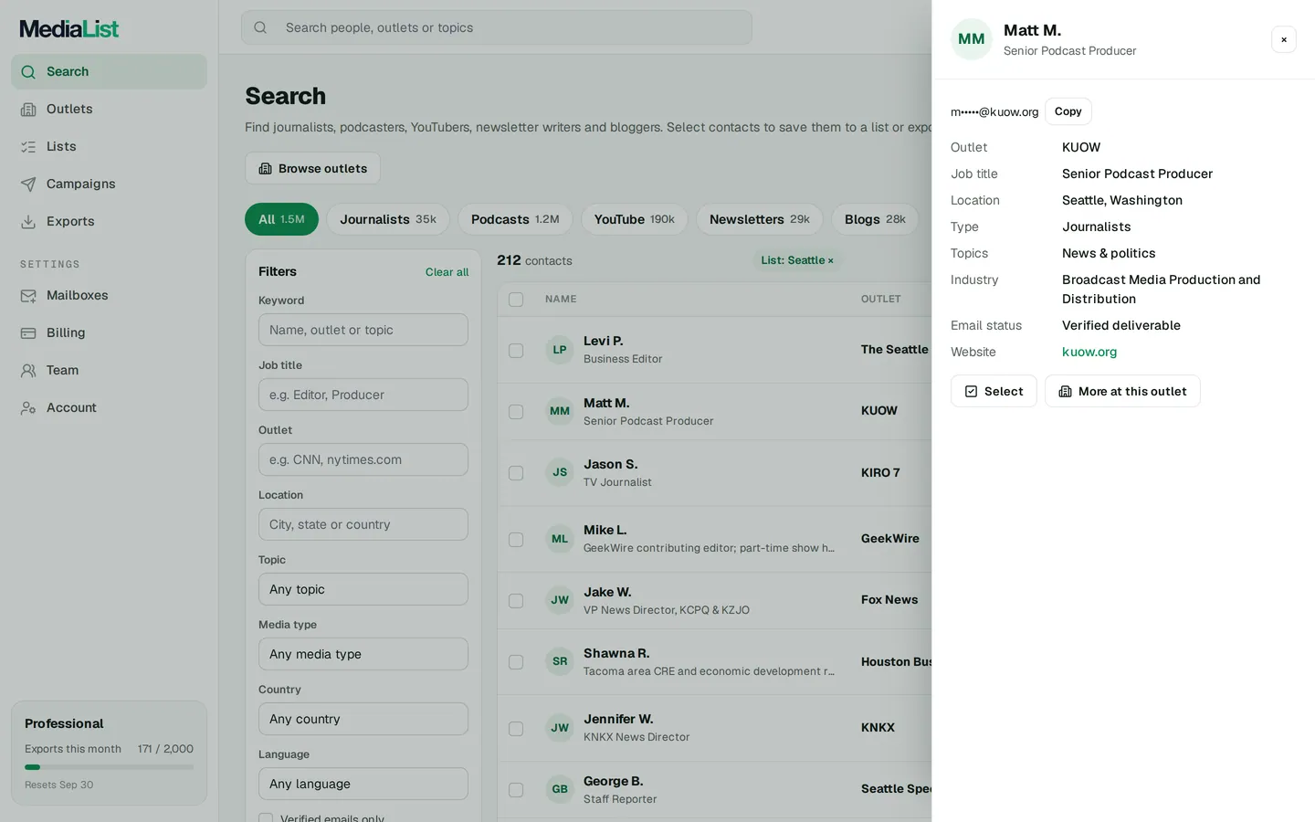 A contact opened in Media List, showing details and an unlocked email