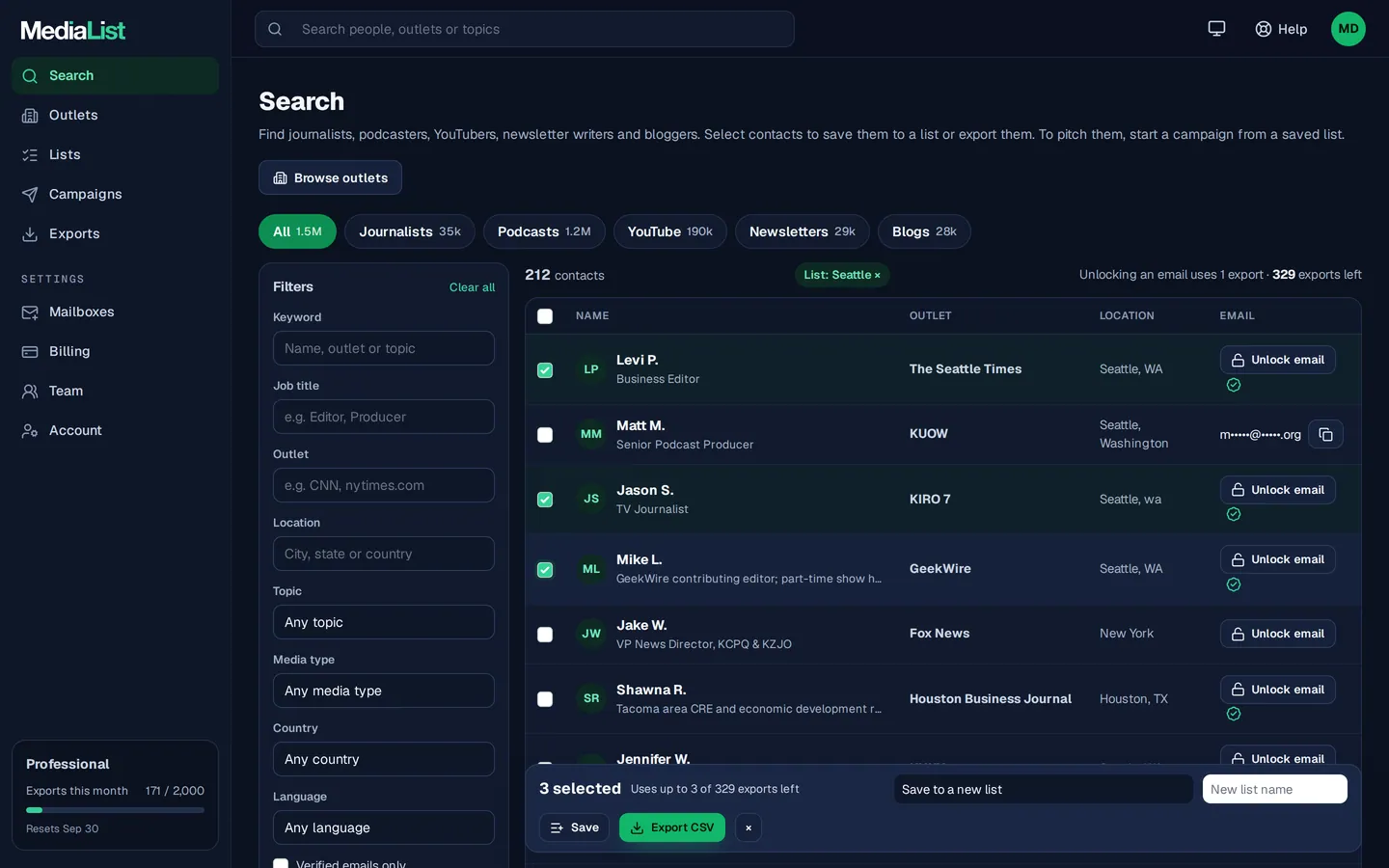 Media List search results with filters, showing contacts and verified emails