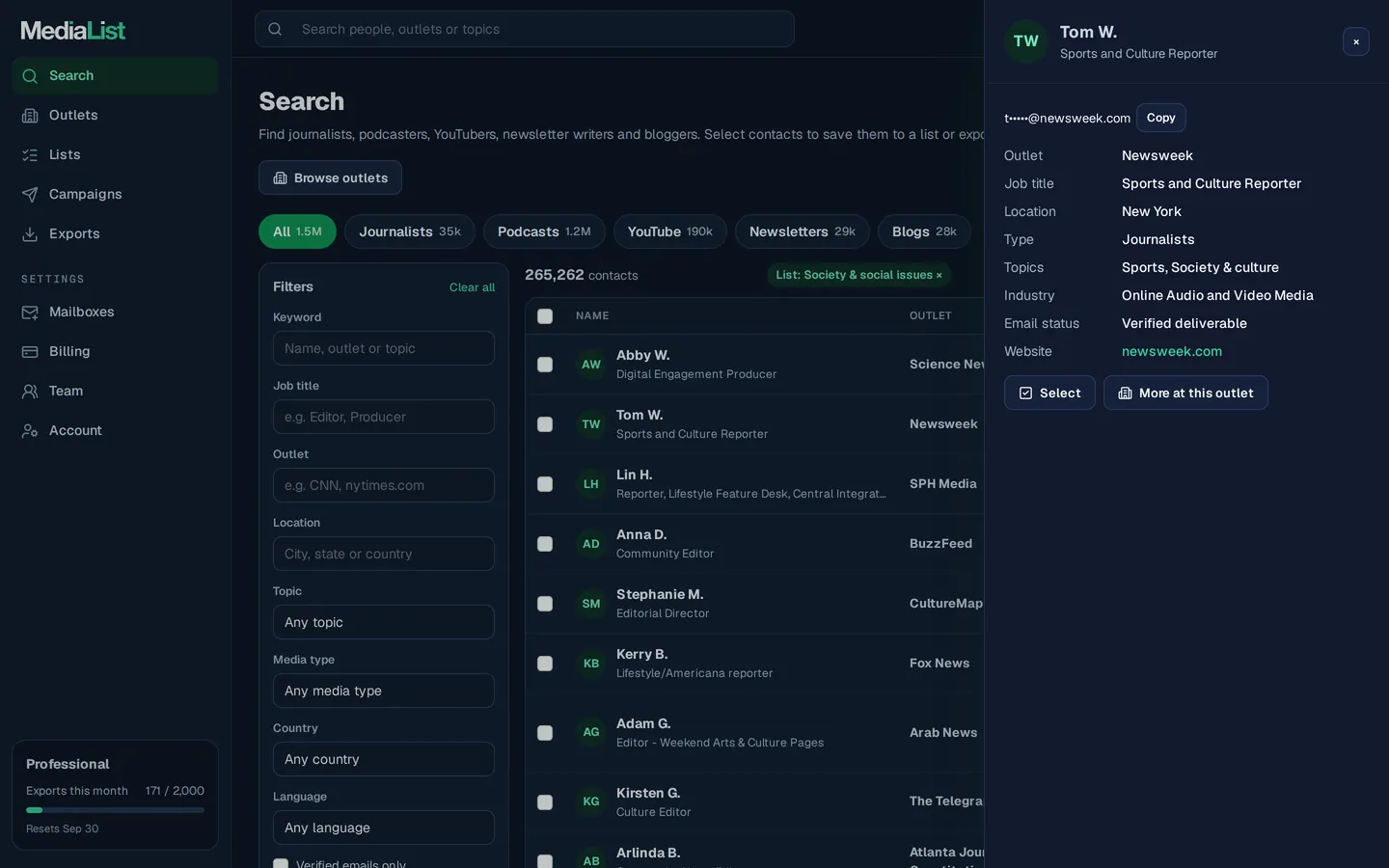 A contact opened in Media List, showing details and an unlocked email