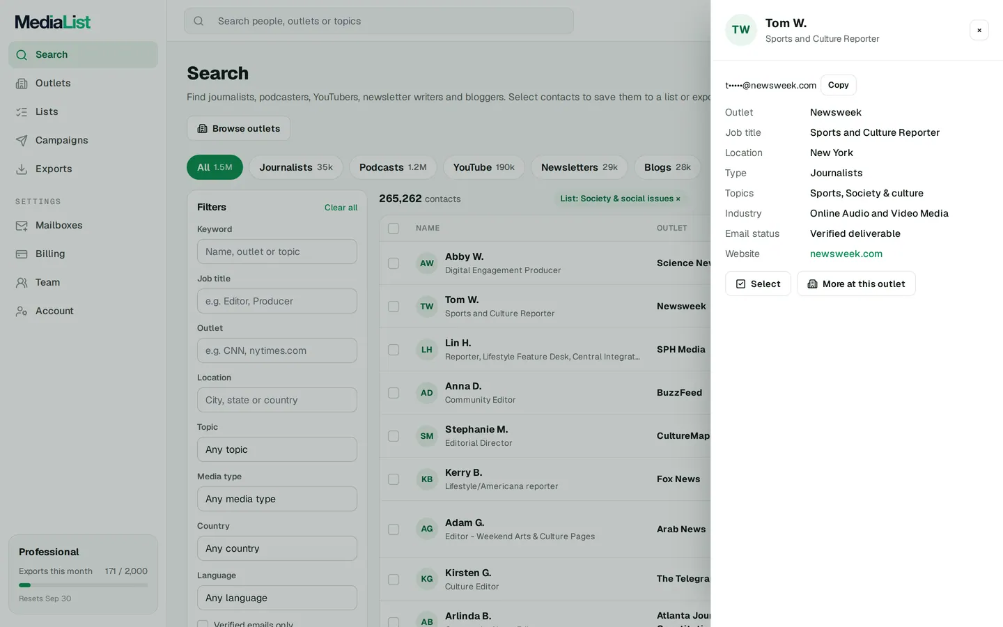 A contact opened in Media List, showing details and an unlocked email
