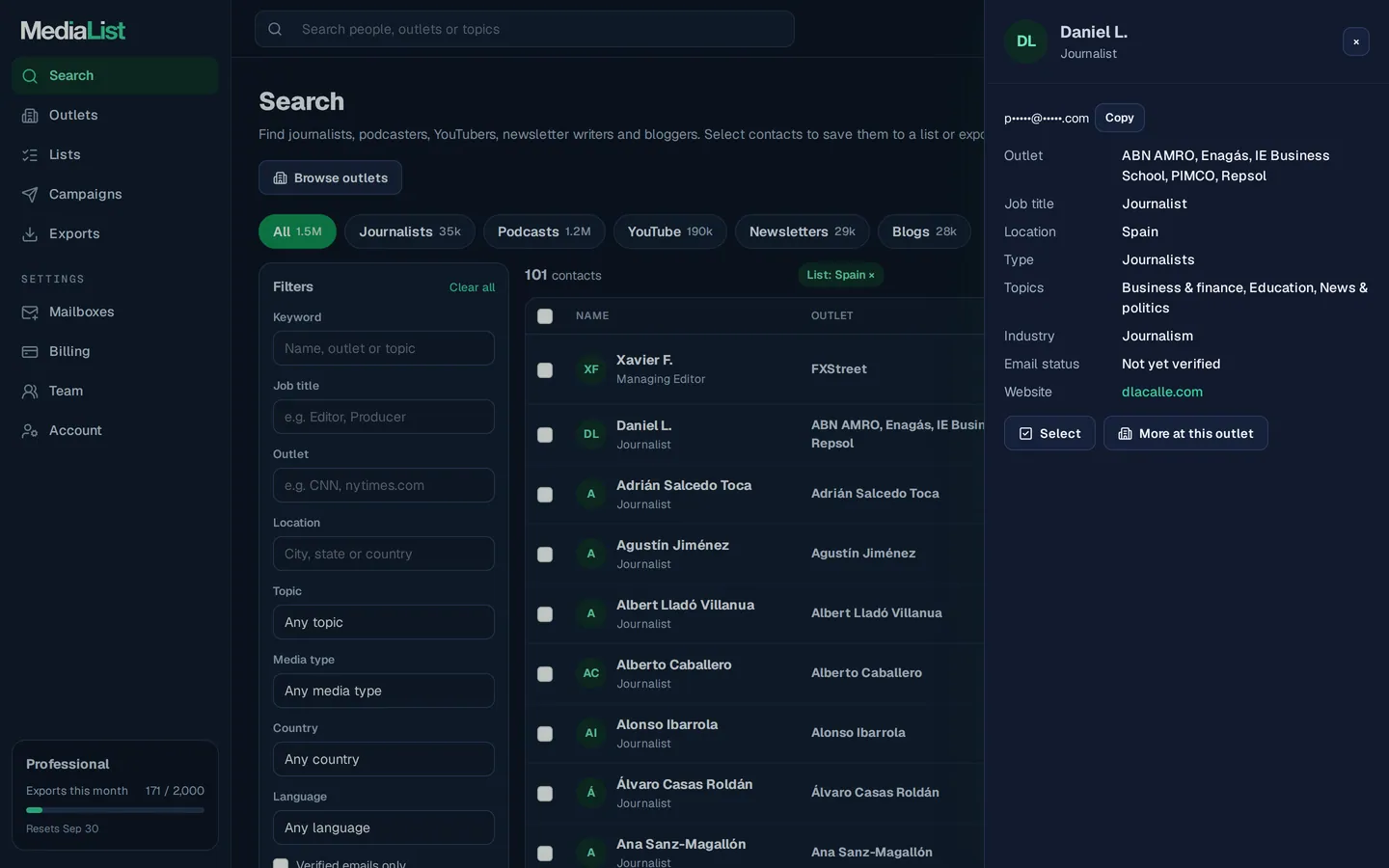 A contact opened in Media List, showing details and an unlocked email