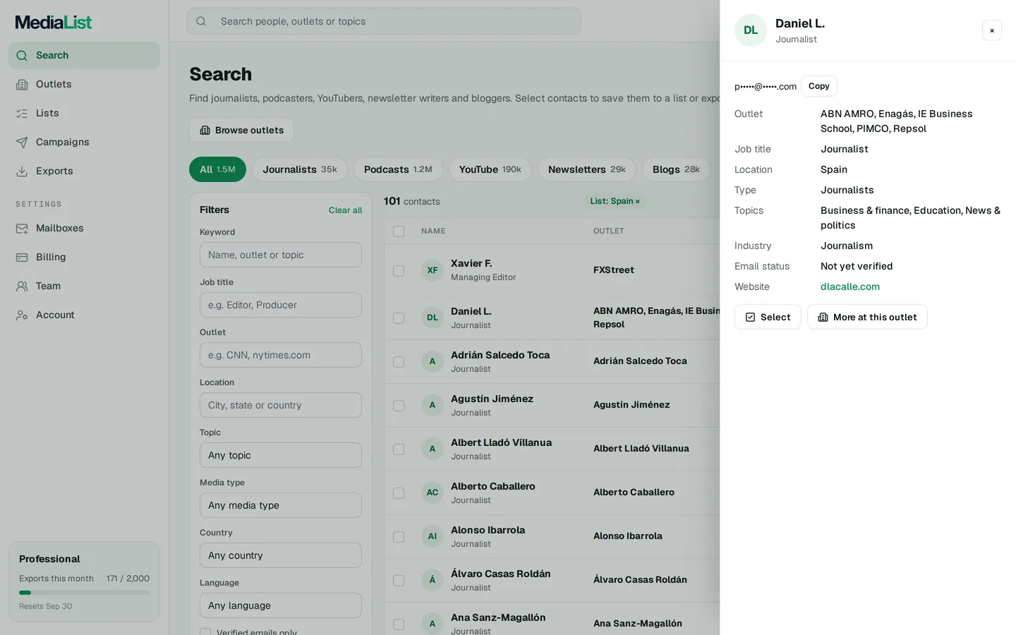 A contact opened in Media List, showing details and an unlocked email