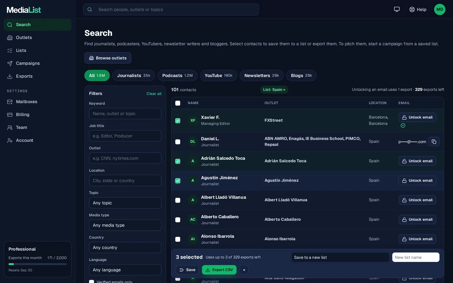 Media List search results with filters, showing contacts and verified emails