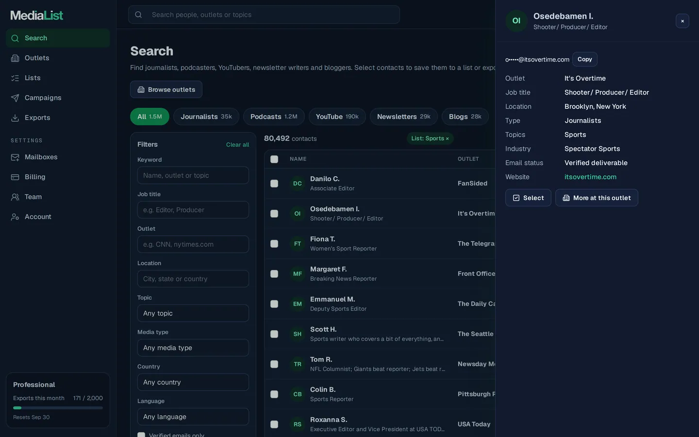 A contact opened in Media List, showing details and an unlocked email