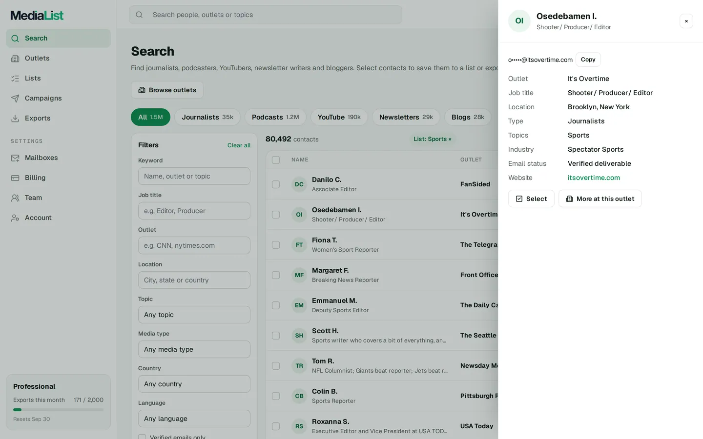 A contact opened in Media List, showing details and an unlocked email