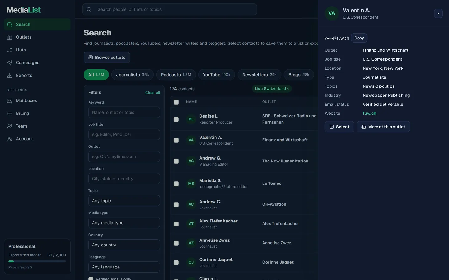 A contact opened in Media List, showing details and an unlocked email