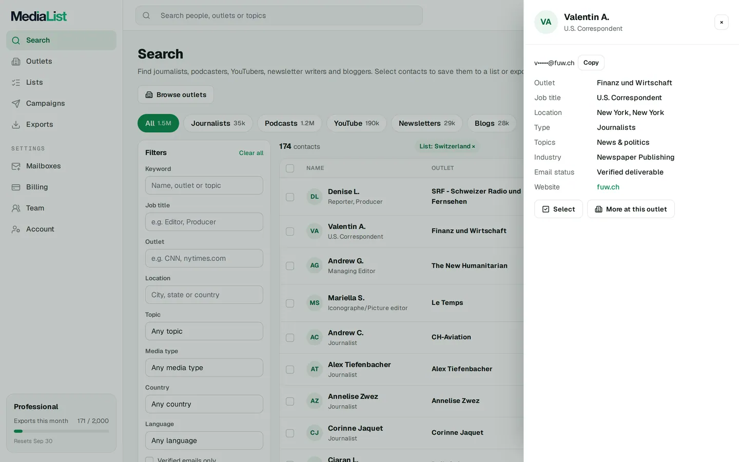 A contact opened in Media List, showing details and an unlocked email