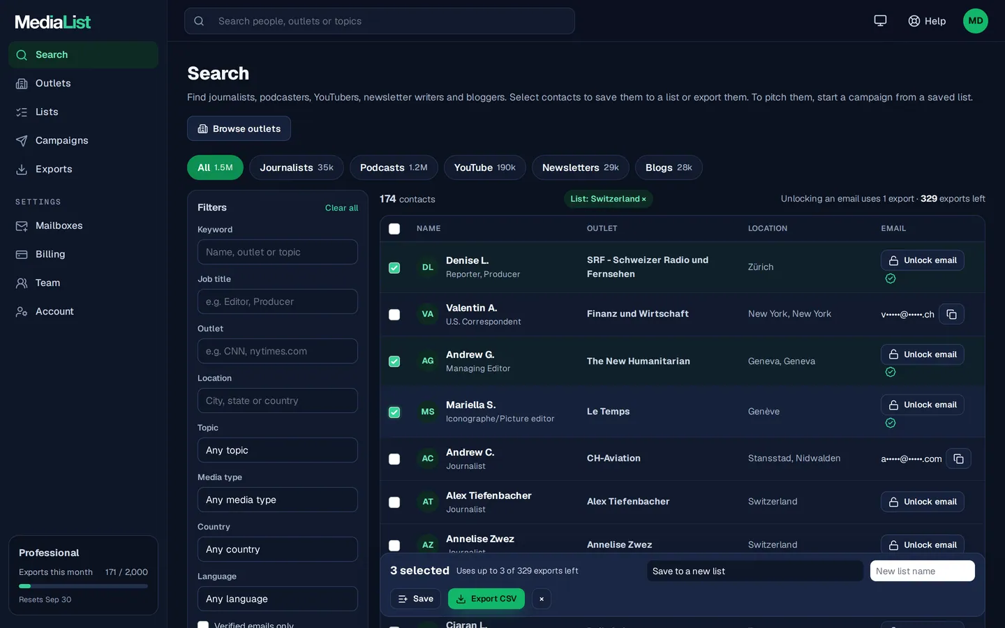 Media List search results with filters, showing contacts and verified emails
