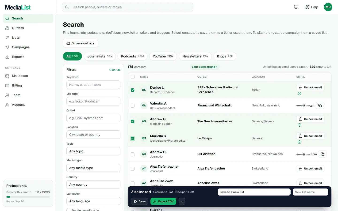 Media List search results with filters, showing contacts and verified emails