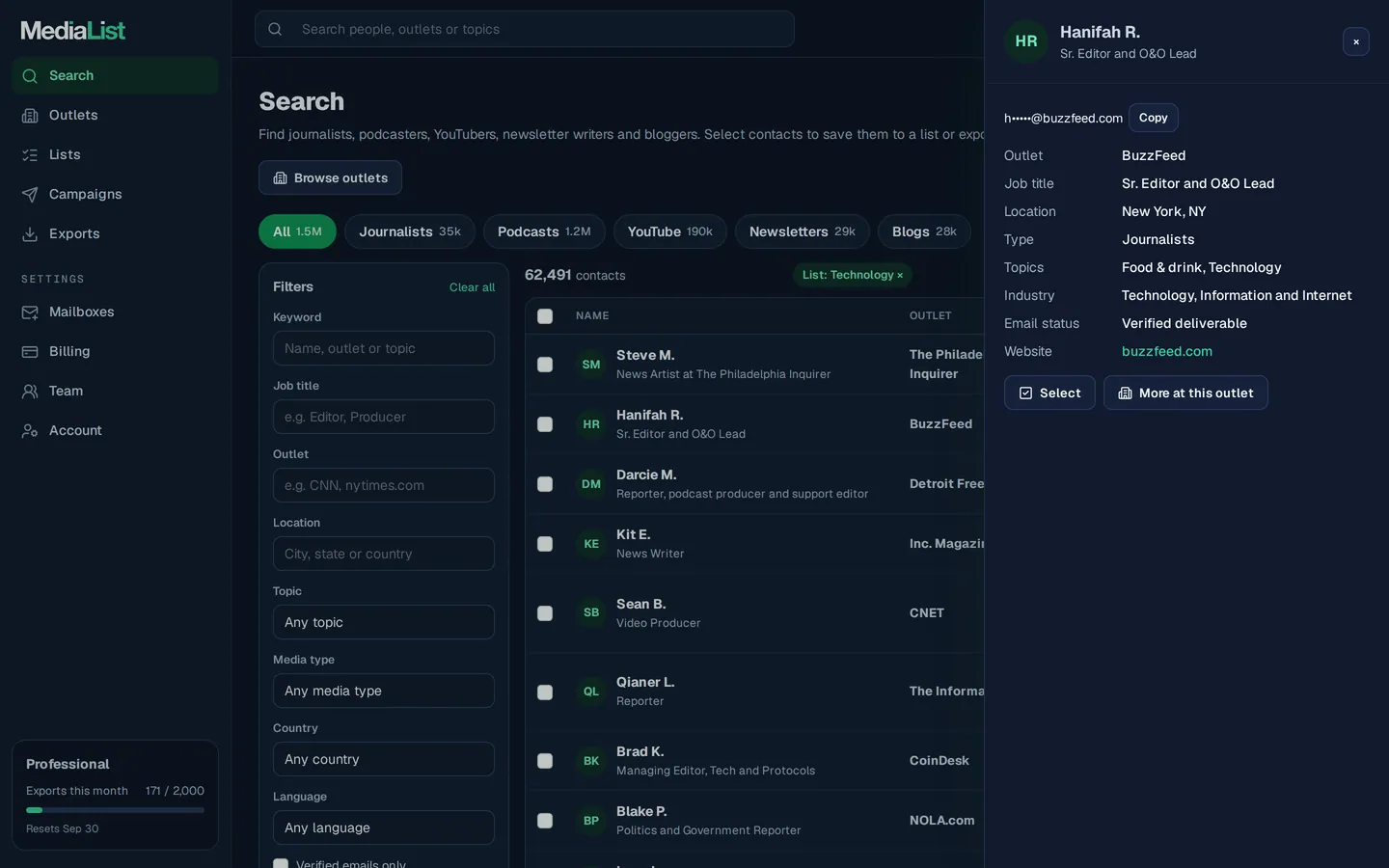 A contact opened in Media List, showing details and an unlocked email