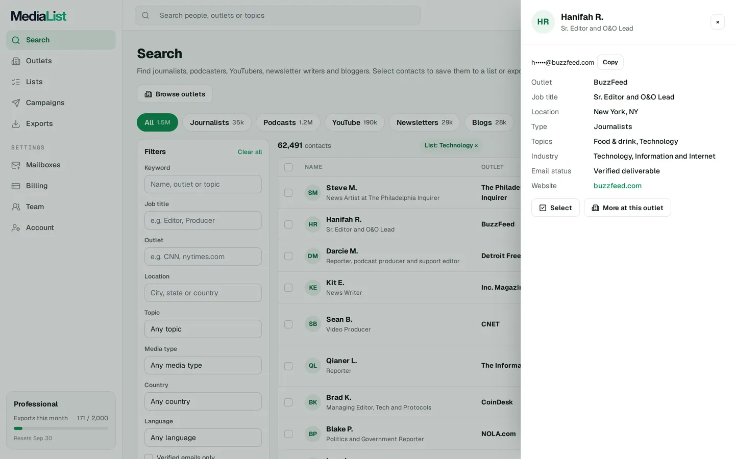 A contact opened in Media List, showing details and an unlocked email