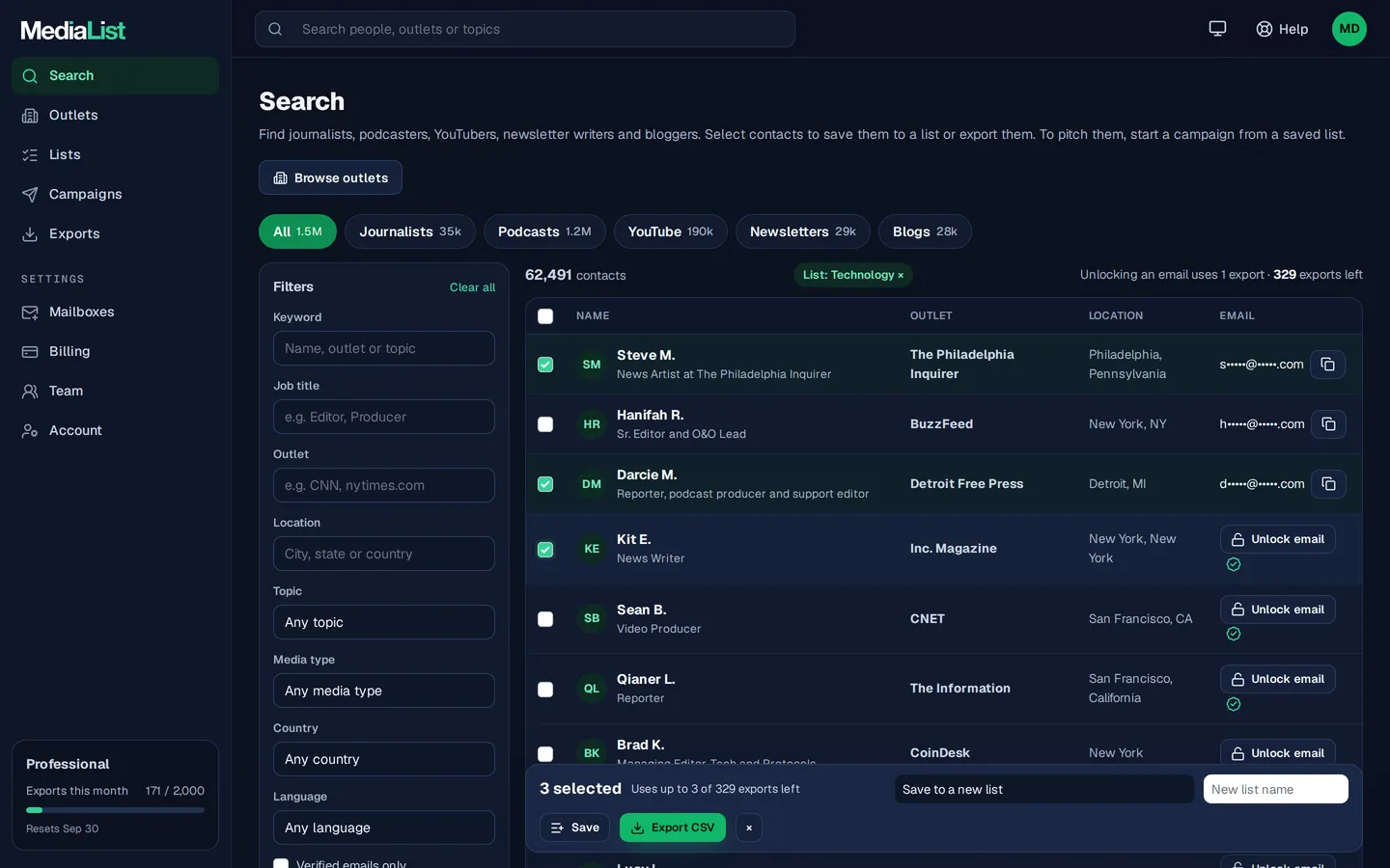 Media List search results with filters, showing contacts and verified emails