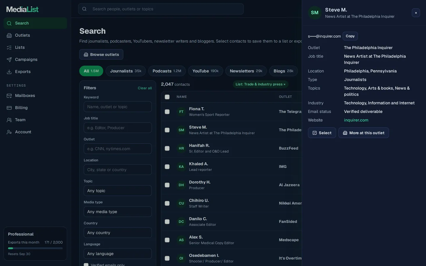 A contact opened in Media List, showing details and an unlocked email