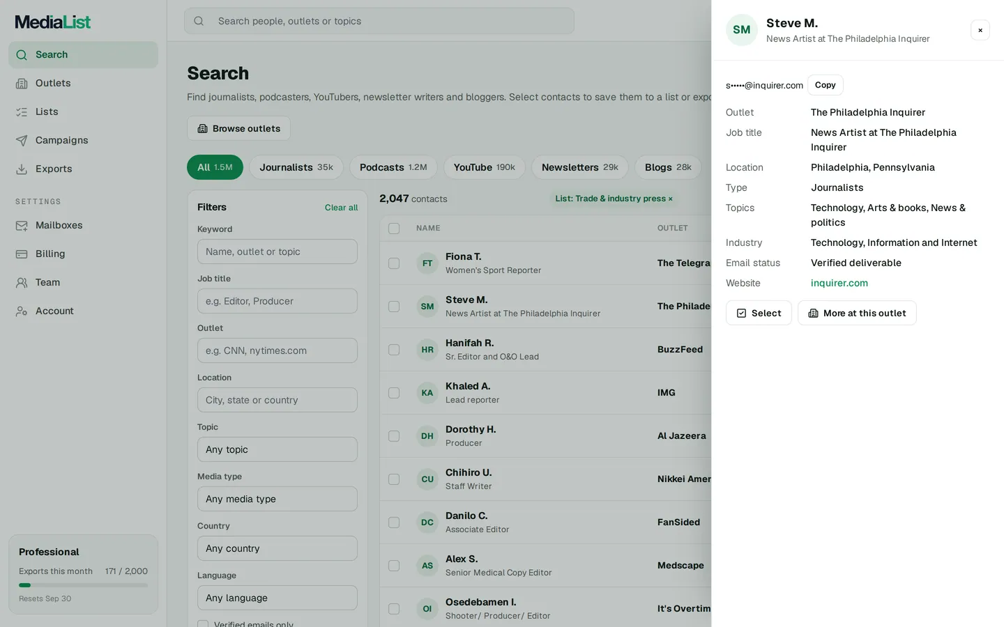 A contact opened in Media List, showing details and an unlocked email